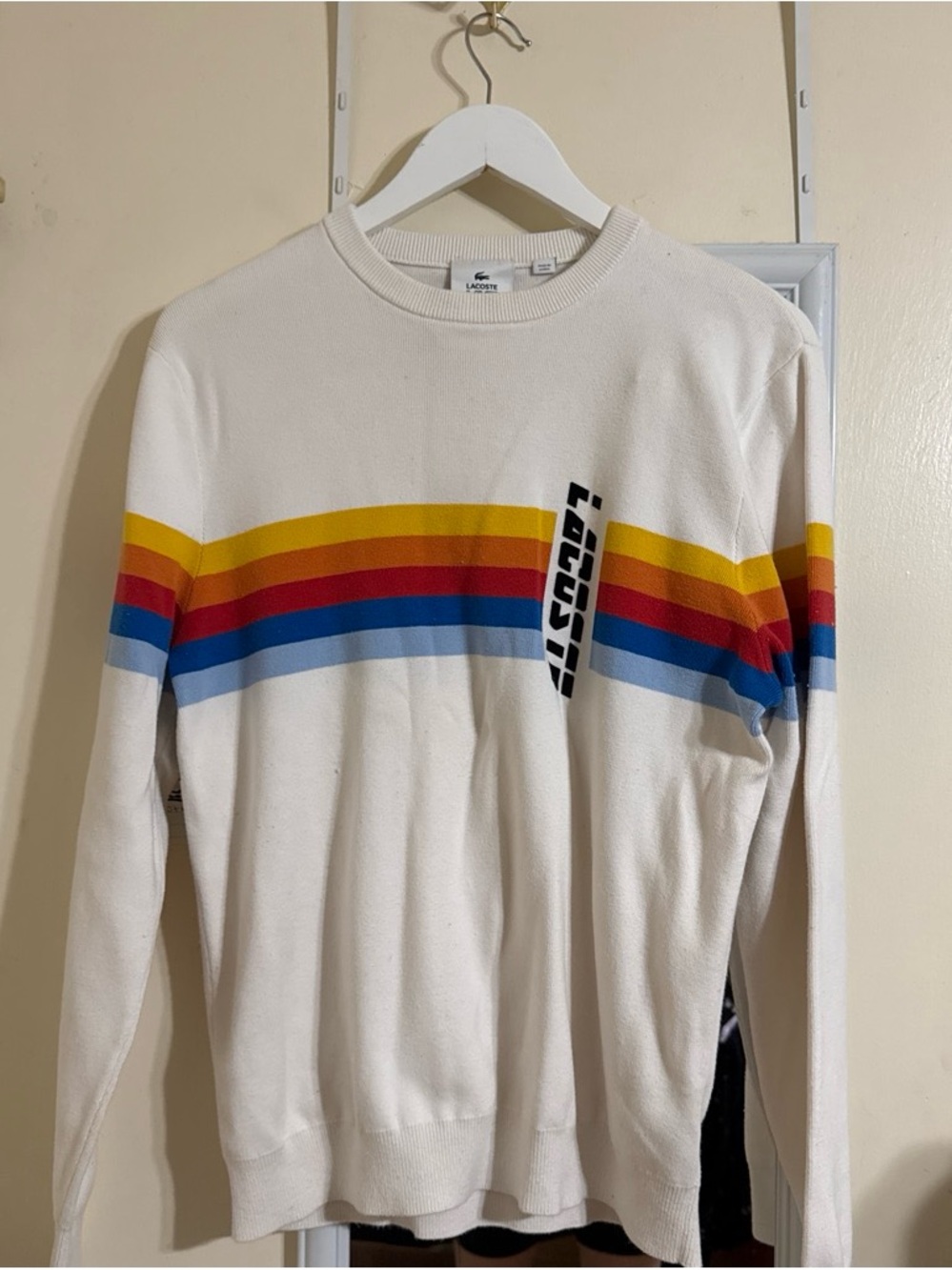 Vintage Lacoste Cream Crewneck with Yellow, Red & Blue Stripes